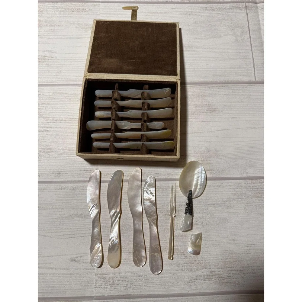 Vintage Mother of Pearl Flatware Set 10 Butter Knives Fork MOP Shell In Box